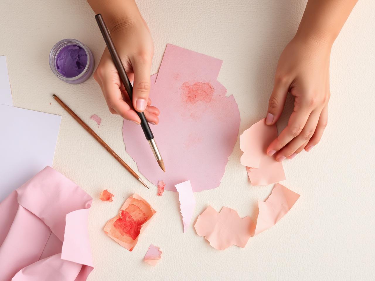 Mãos trabalhando com aquarela e papéis em um ateliê